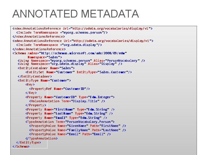 ANNOTATED METADATA <edmx: Annotations. Reference Url="http: //odata. org/vocabularies/display/v 1 "> <Include Term. Namespace ="myorg.