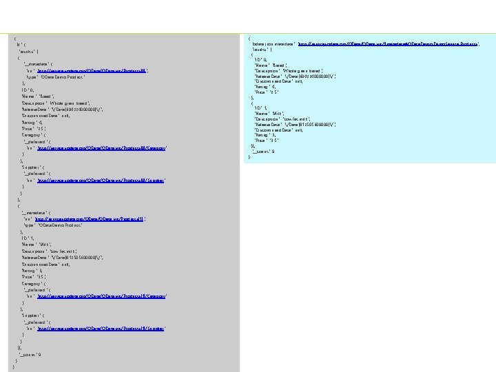 OData. svc/Products? $top=2&$inlinecount=allpages&$format=json { "d": { "results": [ { "__metadata": { "uri": "http: //services.