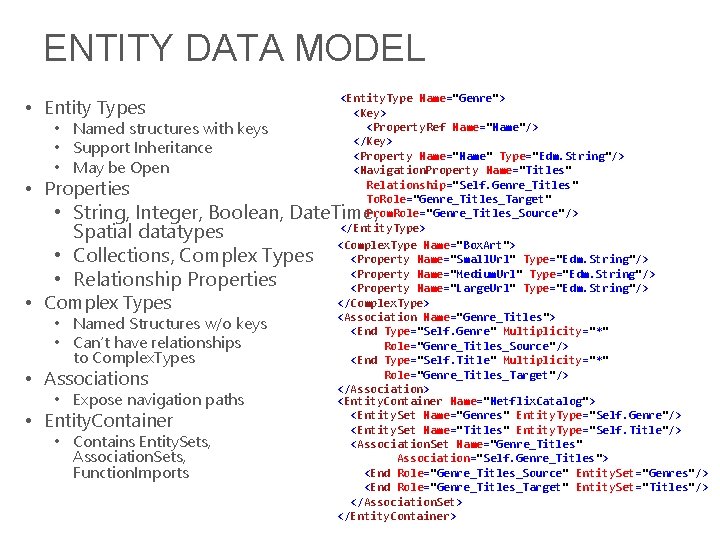 ENTITY DATA MODEL • Entity Types • Named structures with keys • Support Inheritance