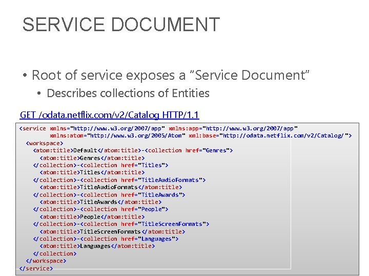 SERVICE DOCUMENT • Root of service exposes a “Service Document” • Describes collections of