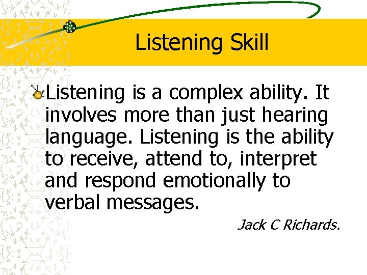 Listening Skill Listening is a complex ability. It involves more than just hearing language. Listening Skill Listening is a complex ability. It involves more than just hearing language.