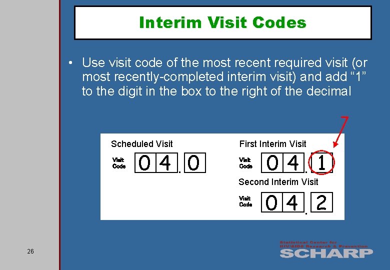 Interim Visit Codes • Use visit code of the most recent required visit (or