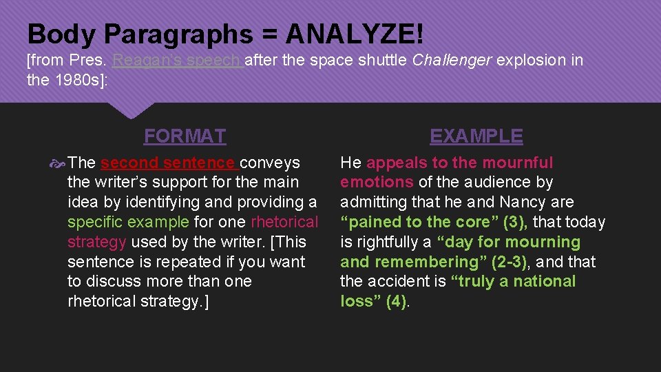 Body Paragraphs = ANALYZE! [from Pres. Reagan’s speech after the space shuttle Challenger explosion