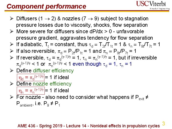 Component performance Ø Diffusers (1 2) & nozzles (7 9) subject to stagnation pressure