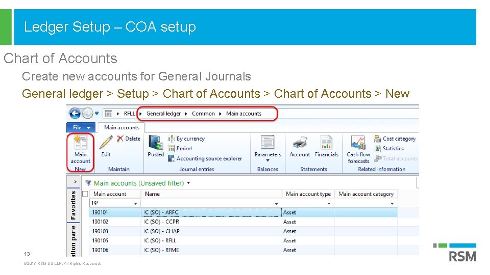 Ledger Setup – COA setup Chart of Accounts Create new accounts for General Journals