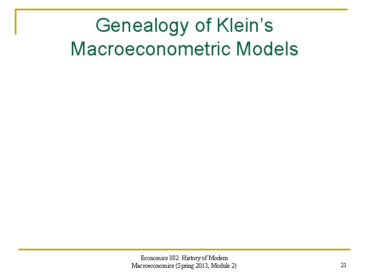 Genealogy of Klein’s Macroeconometric Models Economics 882 History of Modern Macroeconomics (Spring 2013, Module