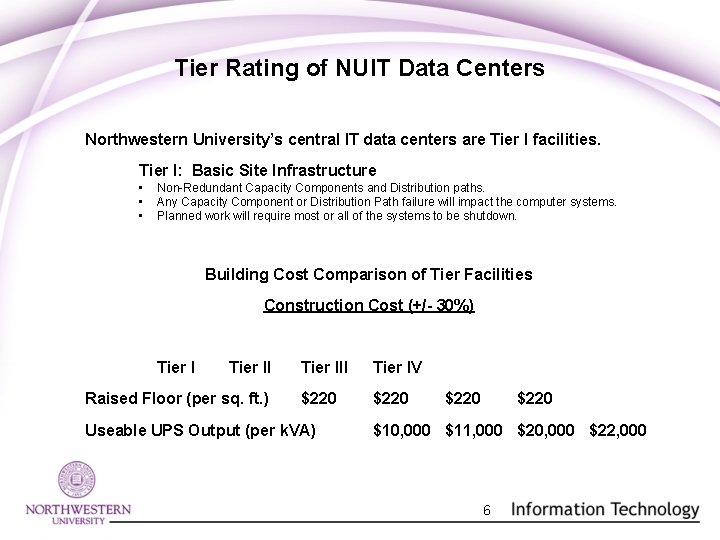 Tier Rating of NUIT Data Centers Northwestern University’s central IT data centers are Tier