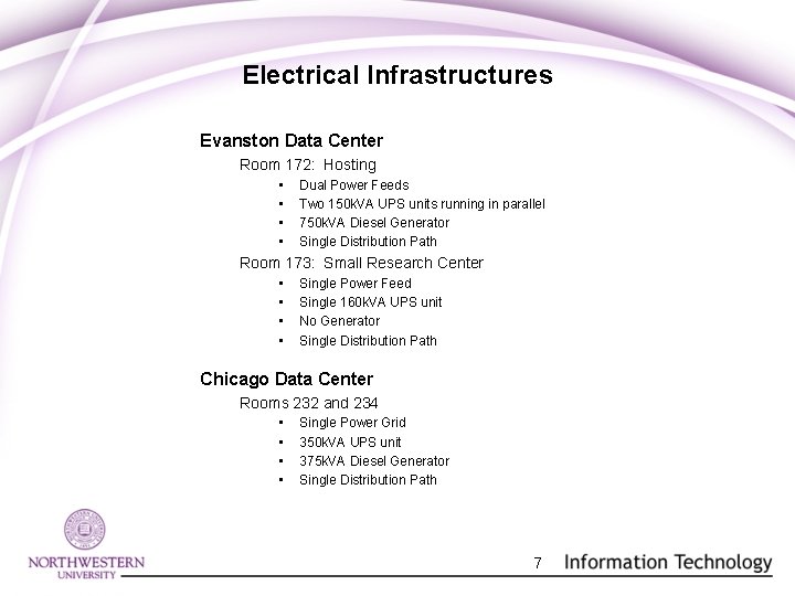 Electrical Infrastructures Evanston Data Center Room 172: Hosting • • Dual Power Feeds Two