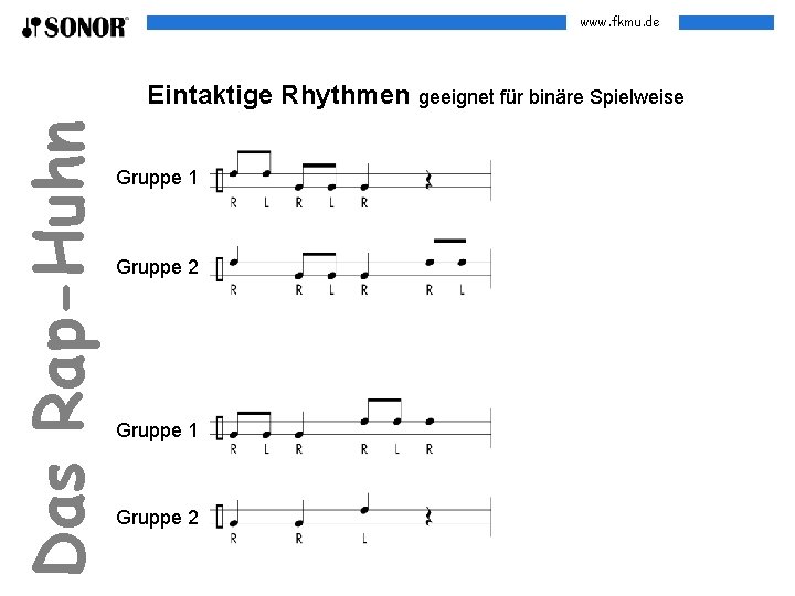 www. fkmu. de Das Rap-Huhn Eintaktige Rhythmen geeignet für binäre Spielweise Gruppe 1 Gruppe