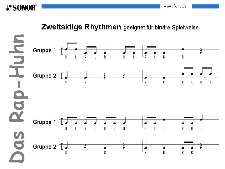 www. fkmu. de Das Rap-Huhn Zweitaktige Rhythmen geeignet für binäre Spielweise Gruppe 1 Gruppe