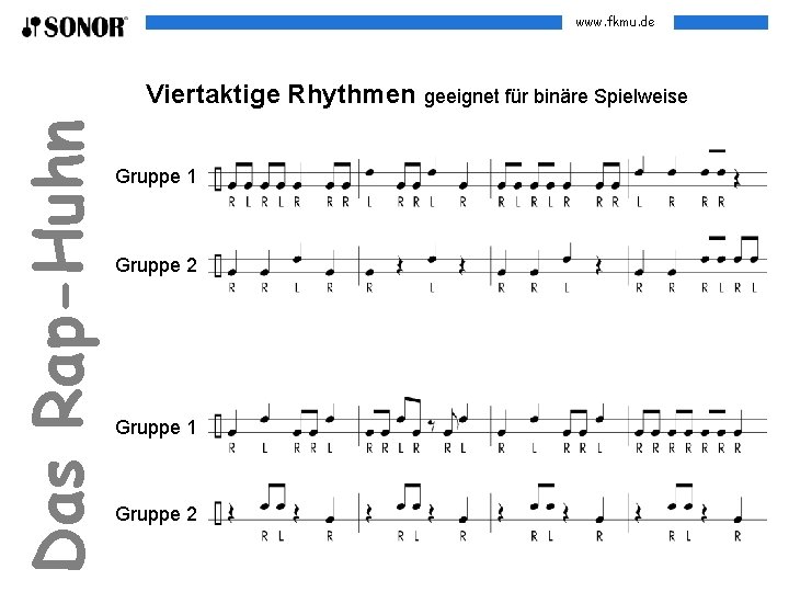 www. fkmu. de Das Rap-Huhn Viertaktige Rhythmen geeignet für binäre Spielweise Gruppe 1 Gruppe