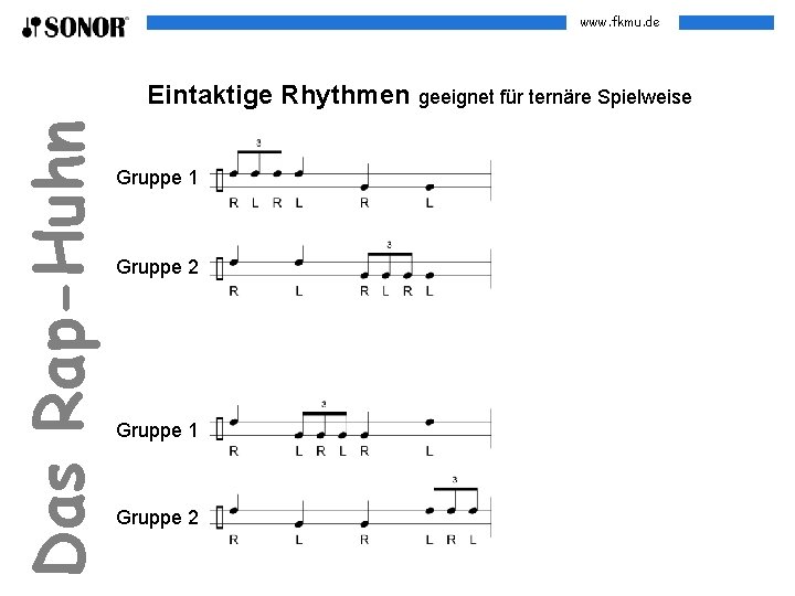 www. fkmu. de Das Rap-Huhn Eintaktige Rhythmen geeignet für ternäre Spielweise Gruppe 1 Gruppe
