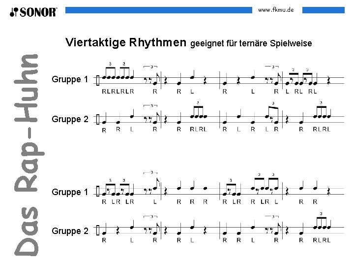 www. fkmu. de Das Rap-Huhn Viertaktige Rhythmen geeignet für ternäre Spielweise Gruppe 1 Gruppe