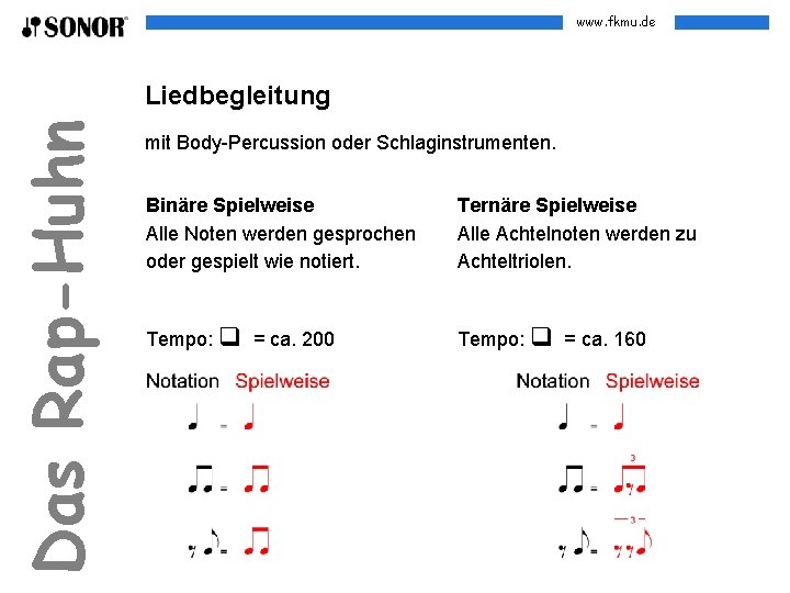 www. fkmu. de Das Rap-Huhn Liedbegleitung mit Body-Percussion oder Schlaginstrumenten. Binäre Spielweise Alle Noten