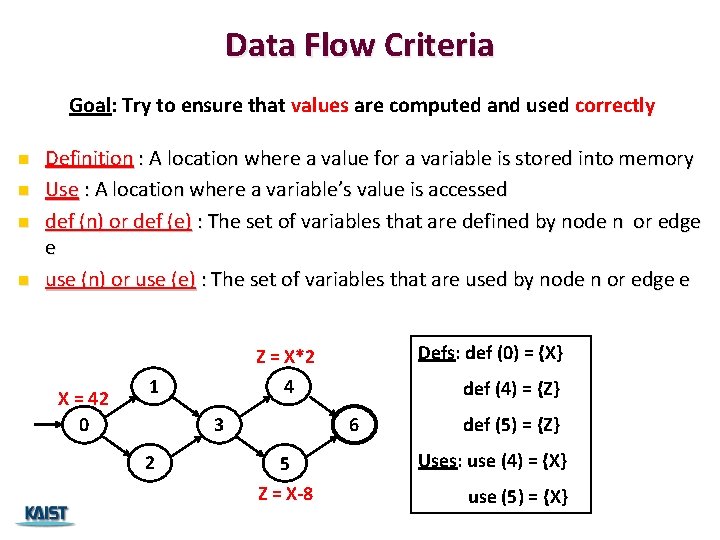 Data Flow Criteria Goal: Try to ensure that values are computed and used correctly