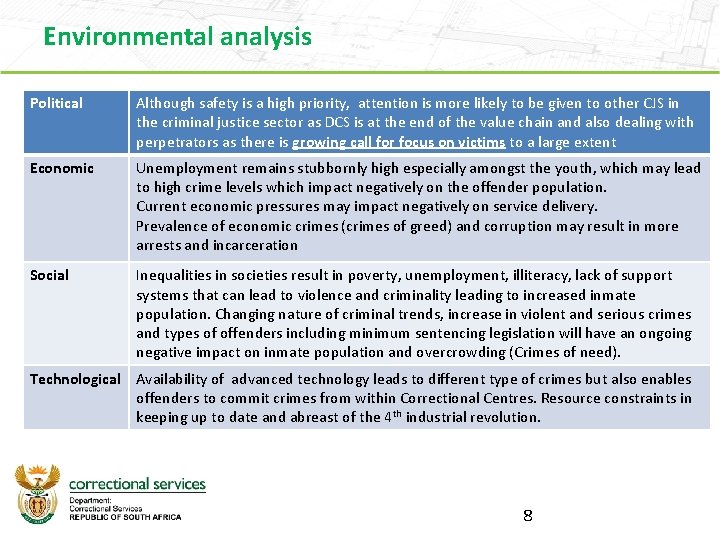 Environmental analysis Political Although safety is a high priority, attention is more likely to