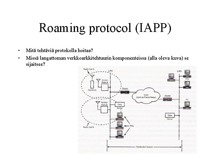 Roaming protocol (IAPP) • • Mitä tehtäviä protokolla hoitaa? Missä langattoman verkkoarkkitehtuurin komponenteissa (alla Roaming protocol (IAPP) • • Mitä tehtäviä protokolla hoitaa? Missä langattoman verkkoarkkitehtuurin komponenteissa (alla
