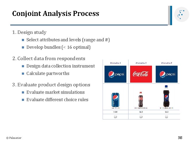 Conjoint Analysis Process 1. Design study n Select attributes and levels (range and #)