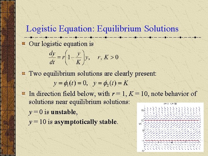 Logistic Equation: Equilibrium Solutions Our logistic equation is Two equilibrium solutions are clearly present: