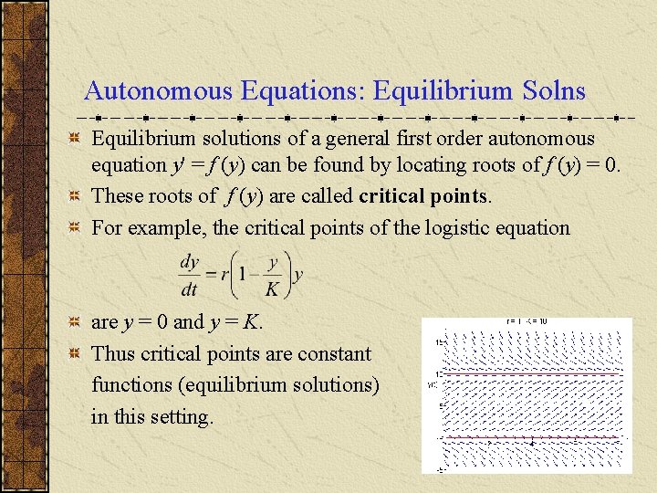 Autonomous Equations: Equilibrium Solns Equilibrium solutions of a general first order autonomous equation y'