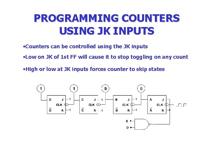 PROGRAMMING COUNTERS USING JK INPUTS • Counters can be controlled using the JK inputs PROGRAMMING COUNTERS USING JK INPUTS • Counters can be controlled using the JK inputs