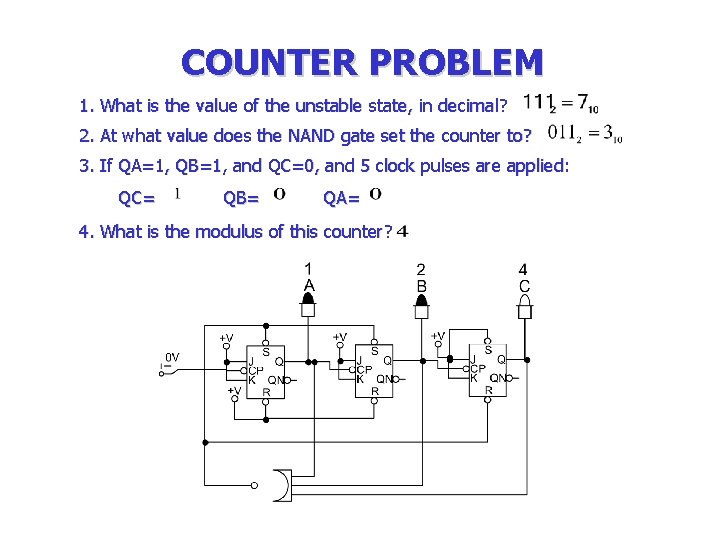 COUNTER PROBLEM 1. What is the value of the unstable state, in decimal? 2. COUNTER PROBLEM 1. What is the value of the unstable state, in decimal? 2.