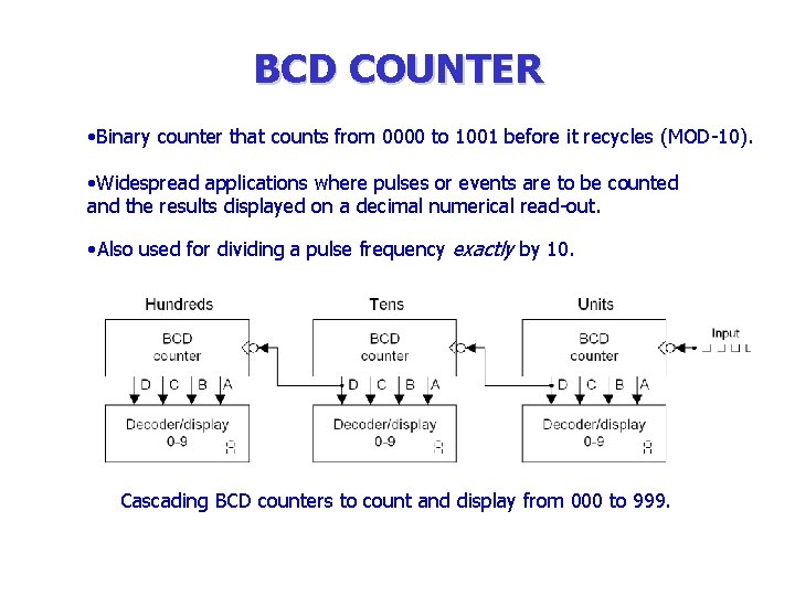 BCD COUNTER • Binary counter that counts from 0000 to 1001 before it recycles BCD COUNTER • Binary counter that counts from 0000 to 1001 before it recycles