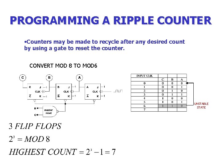 PROGRAMMING A RIPPLE COUNTER • Counters may be made to recycle after any desired PROGRAMMING A RIPPLE COUNTER • Counters may be made to recycle after any desired