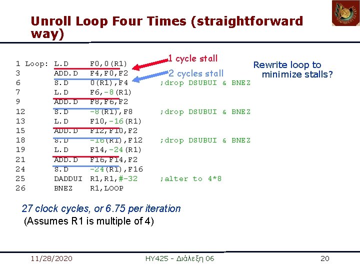 Unroll Loop Four Times (straightforward way) 1 Loop: 3 6 7 9 12 13 Unroll Loop Four Times (straightforward way) 1 Loop: 3 6 7 9 12 13