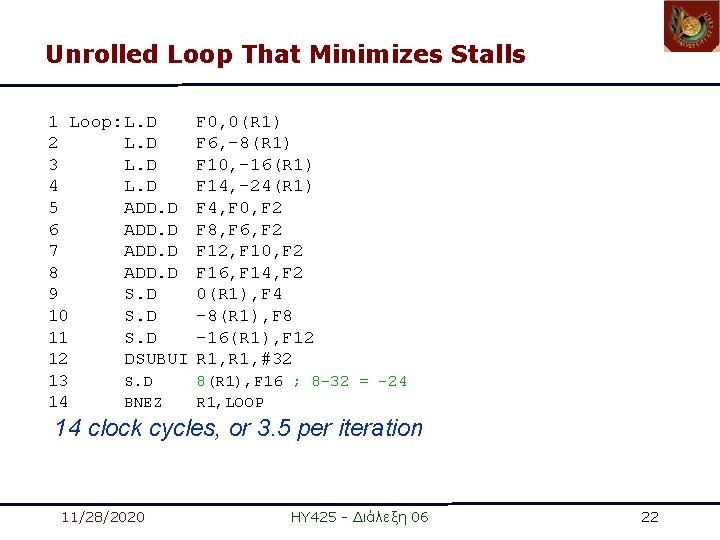 Unrolled Loop That Minimizes Stalls 1 Loop: L. D 2 L. D 3 L. Unrolled Loop That Minimizes Stalls 1 Loop: L. D 2 L. D 3 L.