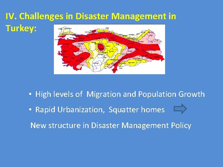 IV. Challenges in Disaster Management in Turkey: • High levels of Migration and Population