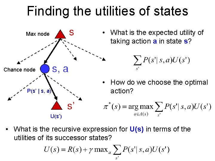 Finding the utilities of states • What is the expected utility of taking action Finding the utilities of states • What is the expected utility of taking action