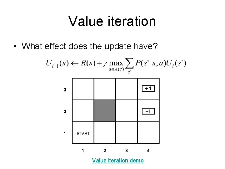 Value iteration • What effect does the update have? Value iteration demo Value iteration • What effect does the update have? Value iteration demo