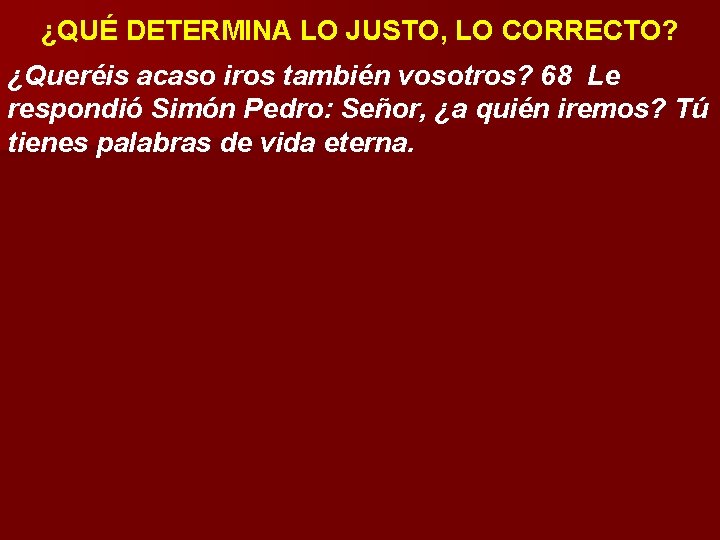 ¿QUÉ DETERMINA LO JUSTO, LO CORRECTO? ¿Queréis acaso iros también vosotros? 68 Le respondió ¿QUÉ DETERMINA LO JUSTO, LO CORRECTO? ¿Queréis acaso iros también vosotros? 68 Le respondió