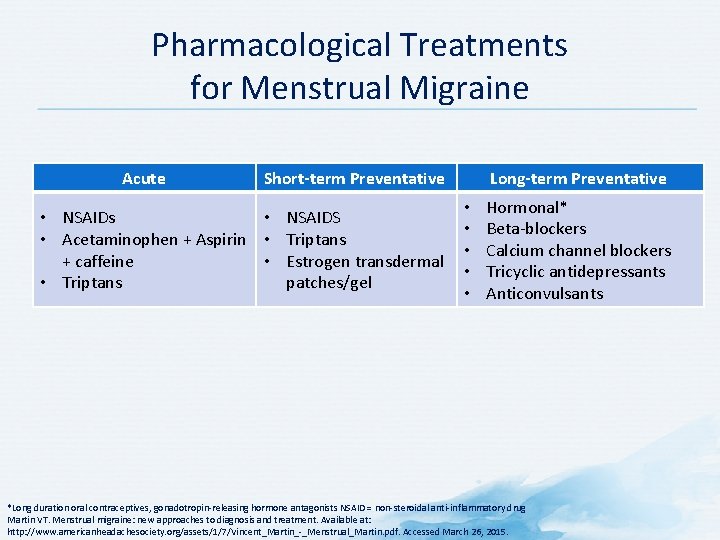 Pharmacological Treatments for Menstrual Migraine Acute Short-term Preventative Long-term Preventative • Hormonal* • NSAIDs Pharmacological Treatments for Menstrual Migraine Acute Short-term Preventative Long-term Preventative • Hormonal* • NSAIDs
