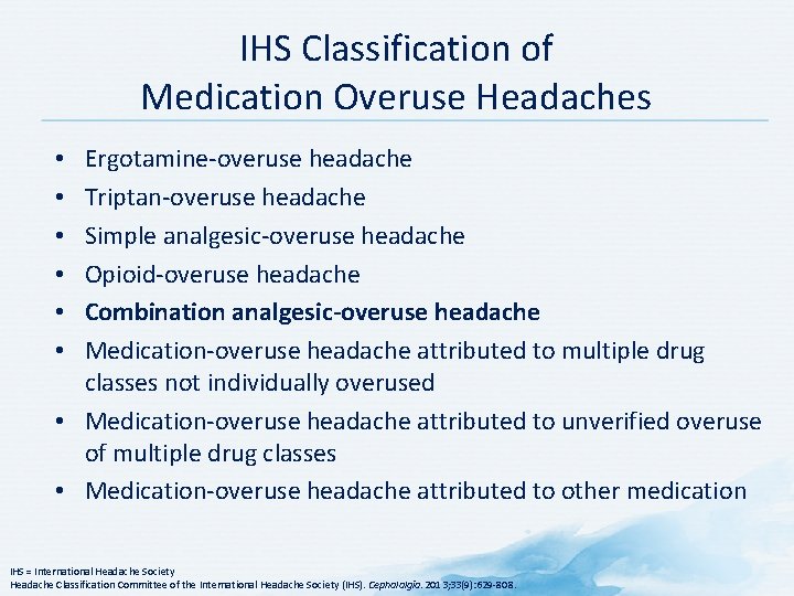 IHS Classification of Medication Overuse Headaches Ergotamine-overuse headache Triptan-overuse headache Simple analgesic-overuse headache Opioid-overuse IHS Classification of Medication Overuse Headaches Ergotamine-overuse headache Triptan-overuse headache Simple analgesic-overuse headache Opioid-overuse