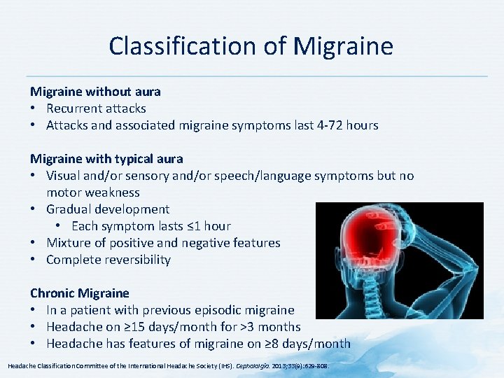 Classification of Migraine without aura • Recurrent attacks • Attacks and associated migraine symptoms Classification of Migraine without aura • Recurrent attacks • Attacks and associated migraine symptoms