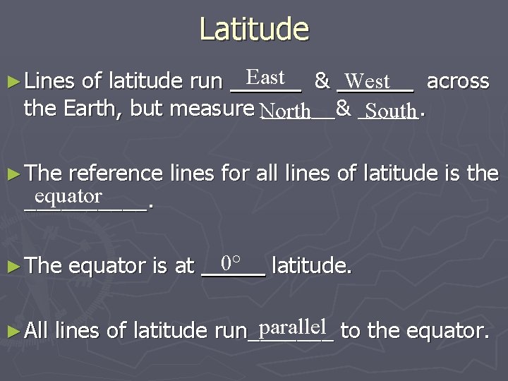 Latitude of latitude run East & West _ across the Earth, but measure North