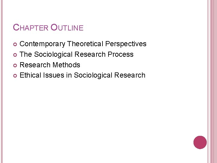 CHAPTER OUTLINE Contemporary Theoretical Perspectives The Sociological Research Process Research Methods Ethical Issues in