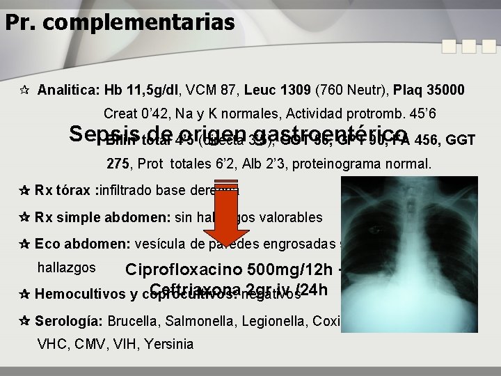 Pr. complementarias ¶ Analitica: Hb 11, 5 g/dl, VCM 87, Leuc 1309 (760 Neutr),