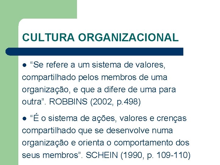 CULTURA ORGANIZACIONAL “Se refere a um sistema de valores, compartilhado pelos membros de uma