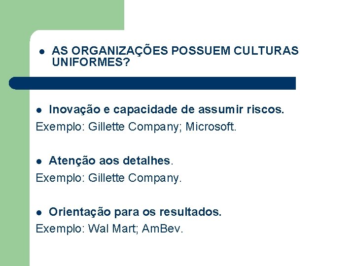 l AS ORGANIZAÇÕES POSSUEM CULTURAS UNIFORMES? Inovação e capacidade de assumir riscos. Exemplo: Gillette