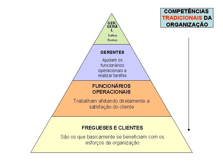 GER. GERA L COMPETÊNCIAS TRADICIONAIS DA ORGANIZAÇÃO Define Rumos GERENTES Ajudam os funcionários operacionais