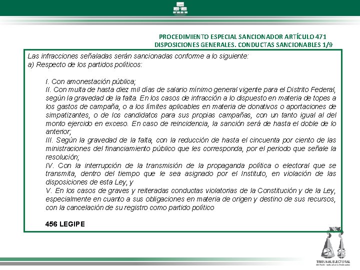 PROCEDIMIENTO ESPECIAL SANCIONADOR ARTÍCULO 471 DISPOSICIONES GENERALES. CONDUCTAS SANCIONABLES 1/9 Las infracciones señaladas serán