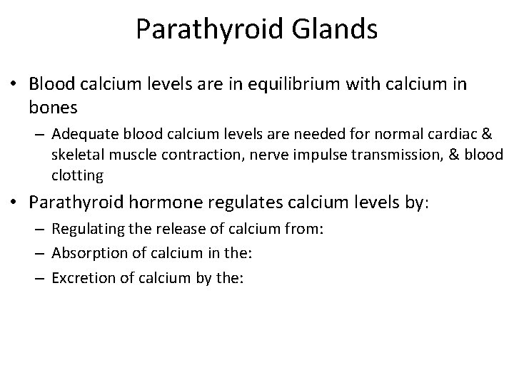 Parathyroid Glands • Blood calcium levels are in equilibrium with calcium in bones –