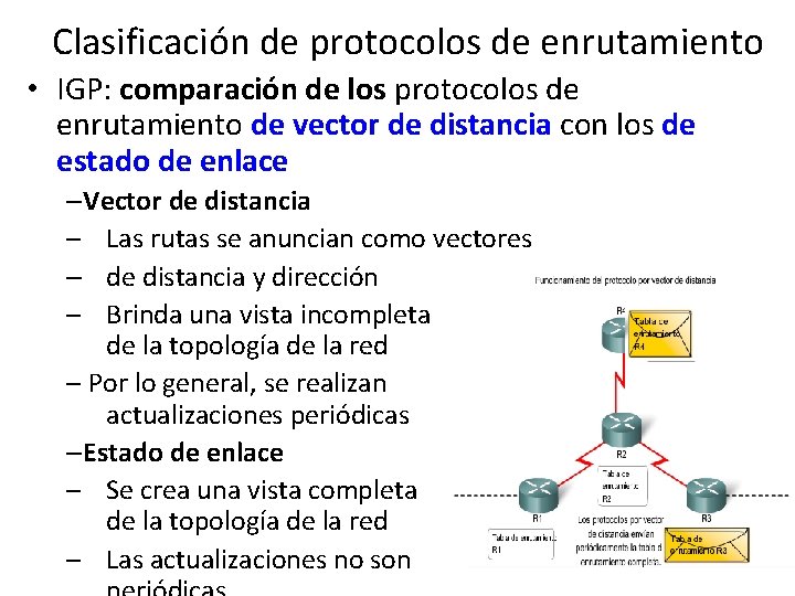 Clasificación de protocolos de enrutamiento • IGP: comparación de los protocolos de enrutamiento de