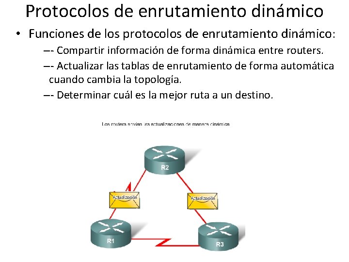 Protocolos de enrutamiento dinámico • Funciones de los protocolos de enrutamiento dinámico: –- Compartir