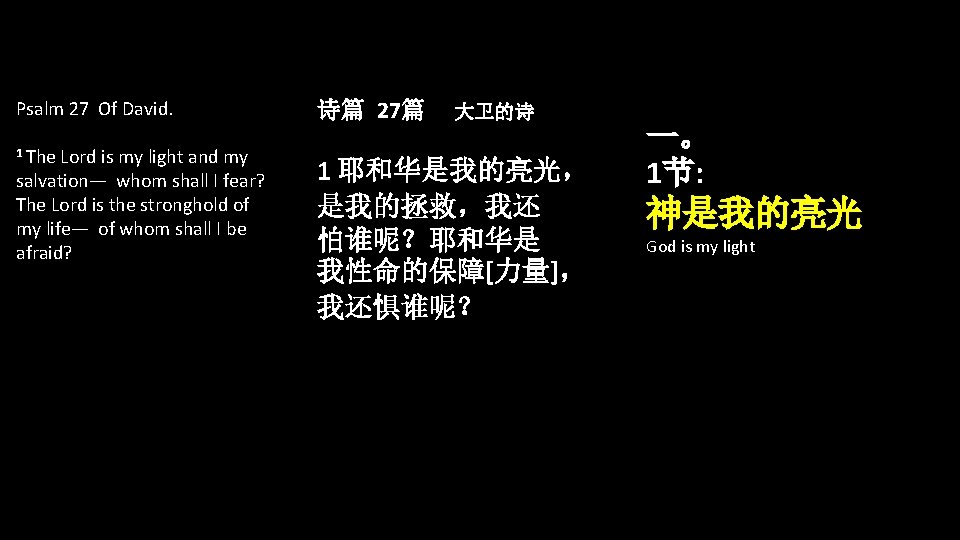 Psalm 27 Of David. 1 The Lord is my light and my salvation— whom Psalm 27 Of David. 1 The Lord is my light and my salvation— whom