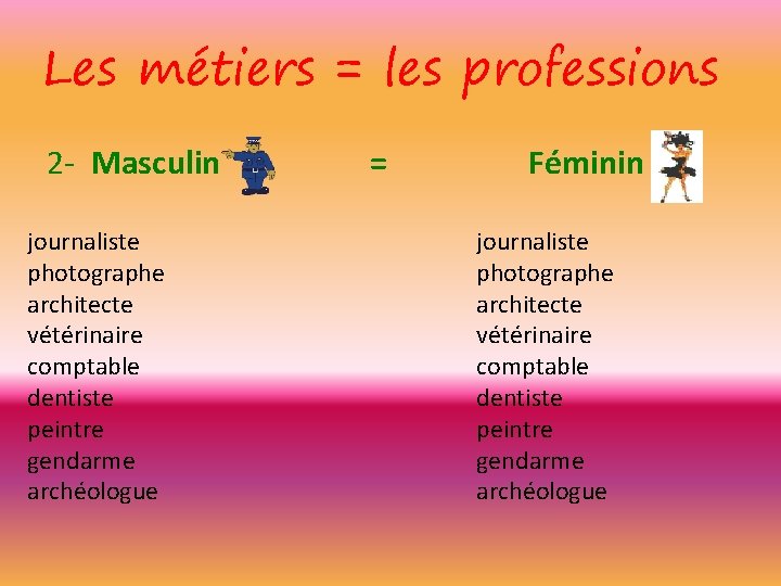 Les métiers = les professions 2 - Masculin journaliste photographe architecte vétérinaire comptable dentiste