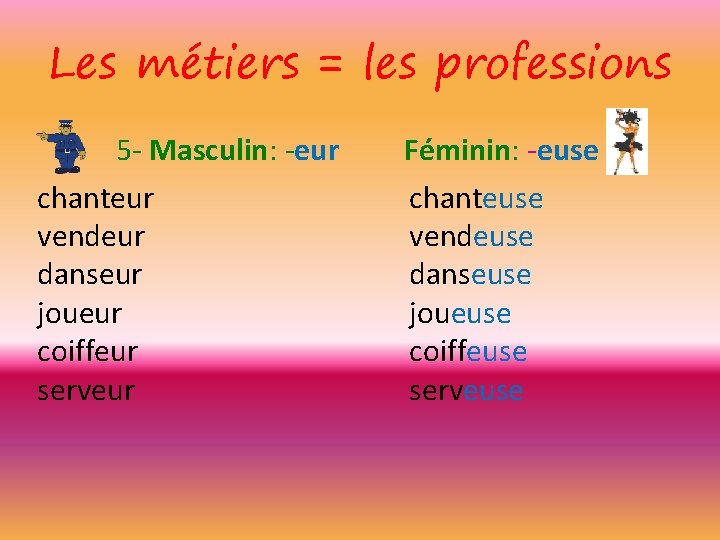 Les métiers = les professions 5 - Masculin: -eur chanteur vendeur danseur joueur coiffeur